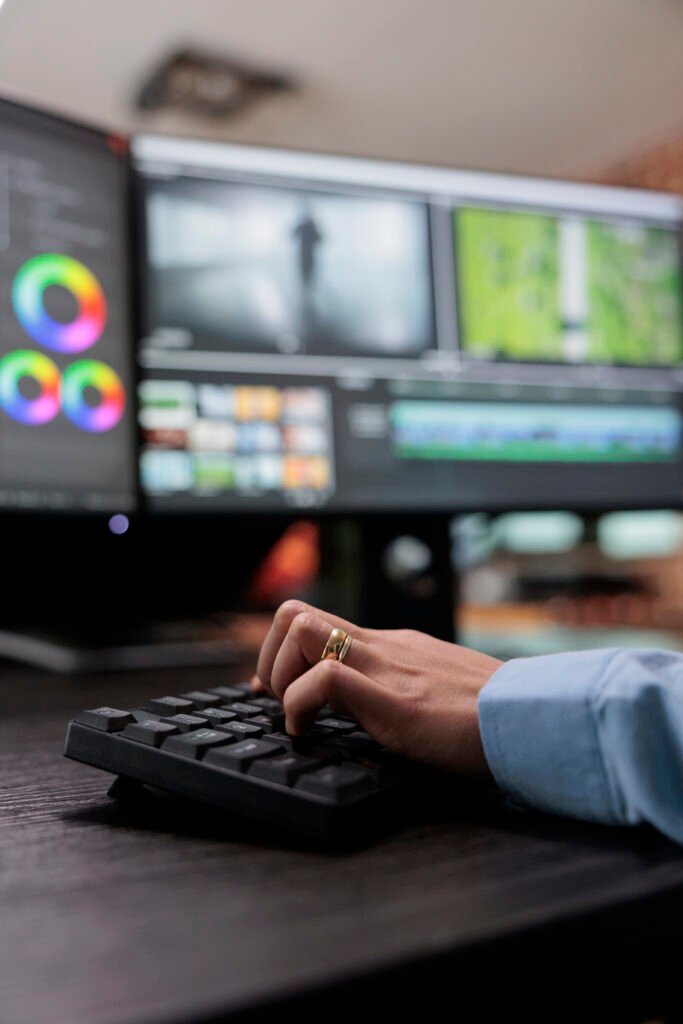 Close up shot of video graphic editor using specialized software to edit movie footage